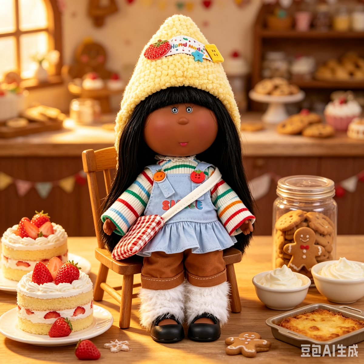 Handmade Cute Farm-Style Mia Doll – Featuring Fruit Pin Accessory, Plaid Crossbody Bag, and DIY Dress-Up Outfit; Ideal for Themed Gifts, Birthdays, and Christmas.