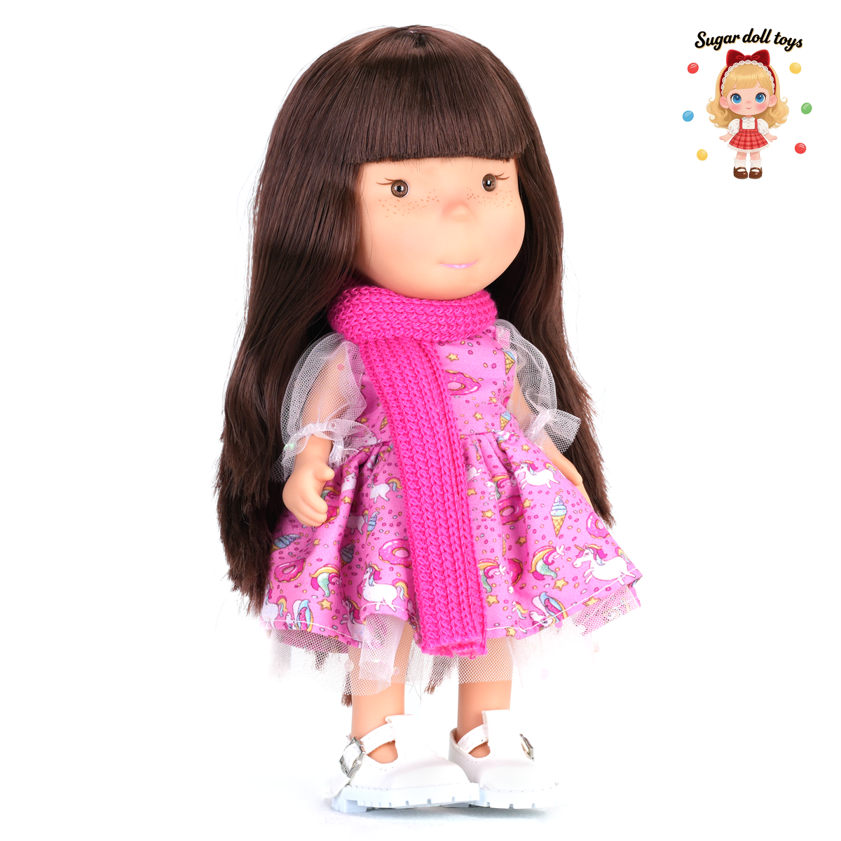24cm Mia Freckle Long‑Face Doll, Pink Unicorn Print Tulle Dress Knit Scarf Collectible Dress‑Up Doll, Sweet Girly Gift for Girls & Doll Lovers