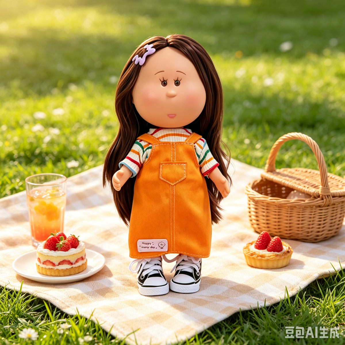 24cm MIA Potato Doll Long Brown Hair Hair Clip Striped Inner Shirt Orange Overall Skirt Canvas Sneakers Removable Sweet Daily Outfit Toy Gift for Kids Collectors