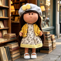 24cm MIA Potato Doll – Long Brown Hair with Straight Bangs, Gray Beret with Yellow Plush Bow, White Mary Jane Shoes. An elegant autumn-style doll—perfect as a birthday, Christmas, or Thanksgiving gift for imaginative play.