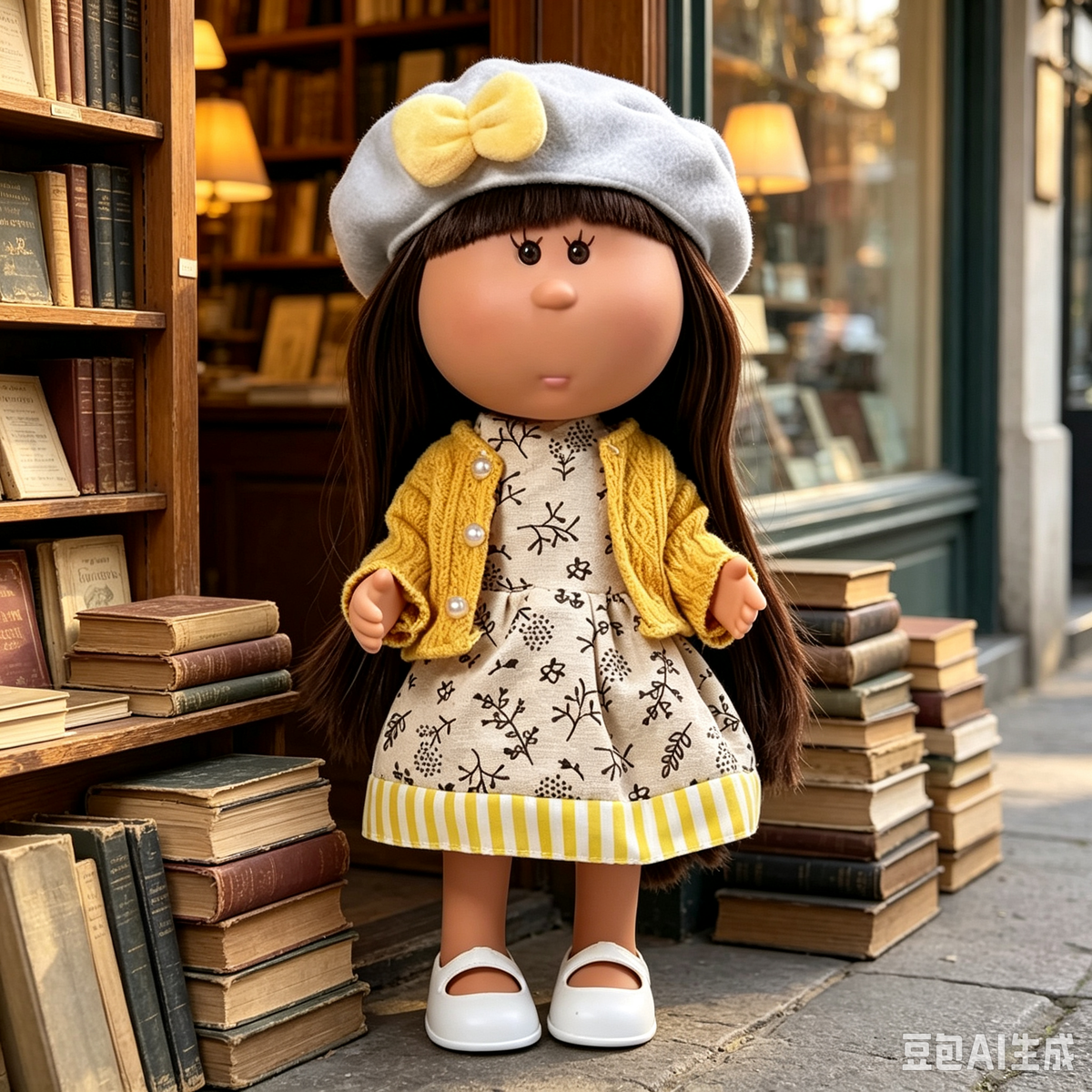 24cm MIA Potato Doll – Long Brown Hair with Straight Bangs, Gray Beret with Yellow Plush Bow, White Mary Jane Shoes. An elegant autumn-style doll—perfect as a birthday, Christmas, or Thanksgiving gift for imaginative play.