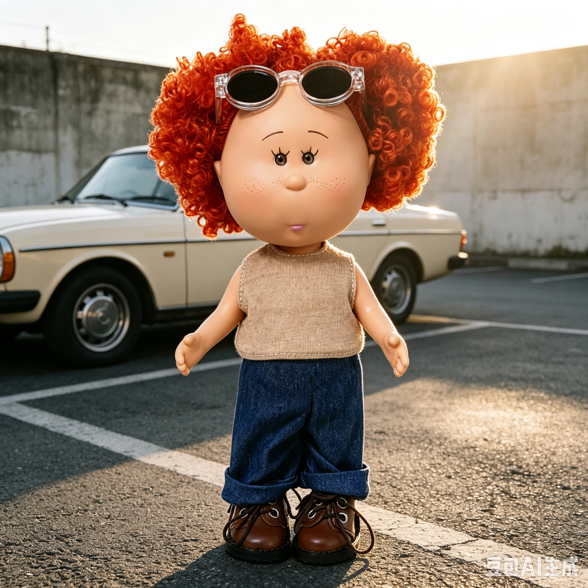 24 CM MIA Potato Vinyl Doll Ginger Red Afro Curly Hair Black Lens Clear Frame Sunglasses Khaki Sleeveless Tank Top Rolled Denim Jeans Brown Lace-up Leather Shoes Detachable Outfit DIY Dress Up Collectible Toy Birthday Gift For Kids Adult Collectors