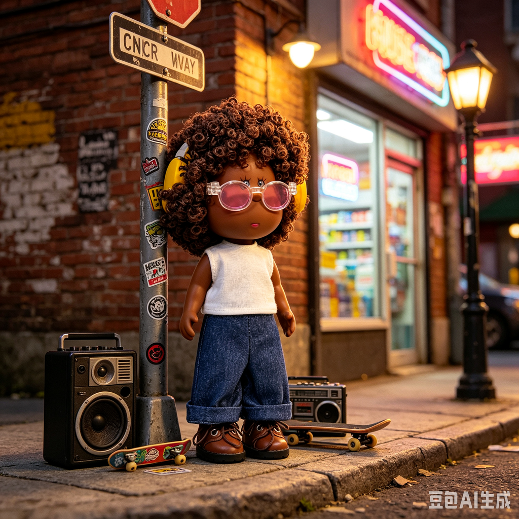 24 CM MIA Potato Vinyl Doll Dark Skin Tone Afro Curly Brown Hair Pink Lens Clear Glasses Yellow Headphones White Sleeveless Top Rolled Denim Jeans Brown Leather Shoes Removable Outfit DIY Dress Up Collectible Toy Birthday Gift For Kids & Adult Collectors