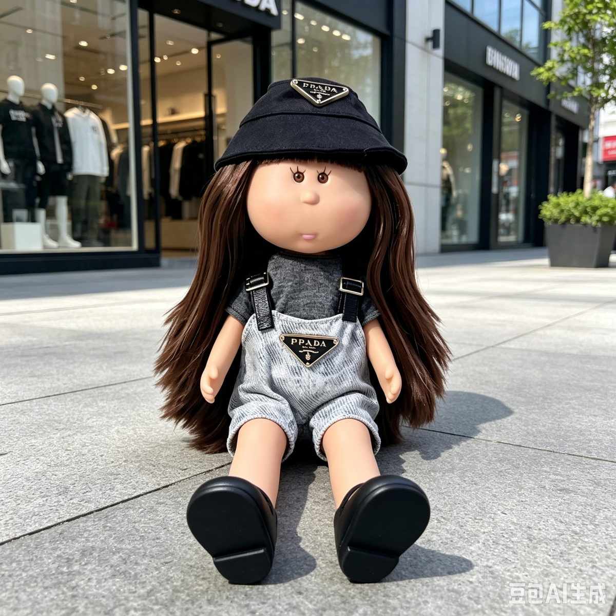 24cm MIA Potato Doll – Long Brown Hair, Fashion Bucket Hat, Overall Shorts, Black Flat Shoes. High‑street fashion doll—perfect as a birthday, Christmas, Children’s Day gift for imaginative play.