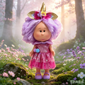 24cm MIA Potato Doll – Fluffy Purple Sparkly Hair with Golden Unicorn Horn Headpiece, Glittery Pink Star‑Print Tulle Dress with Ruffled Collar and Pom‑pom Accents, perfect as a birthday, Christmas, or Halloween gift