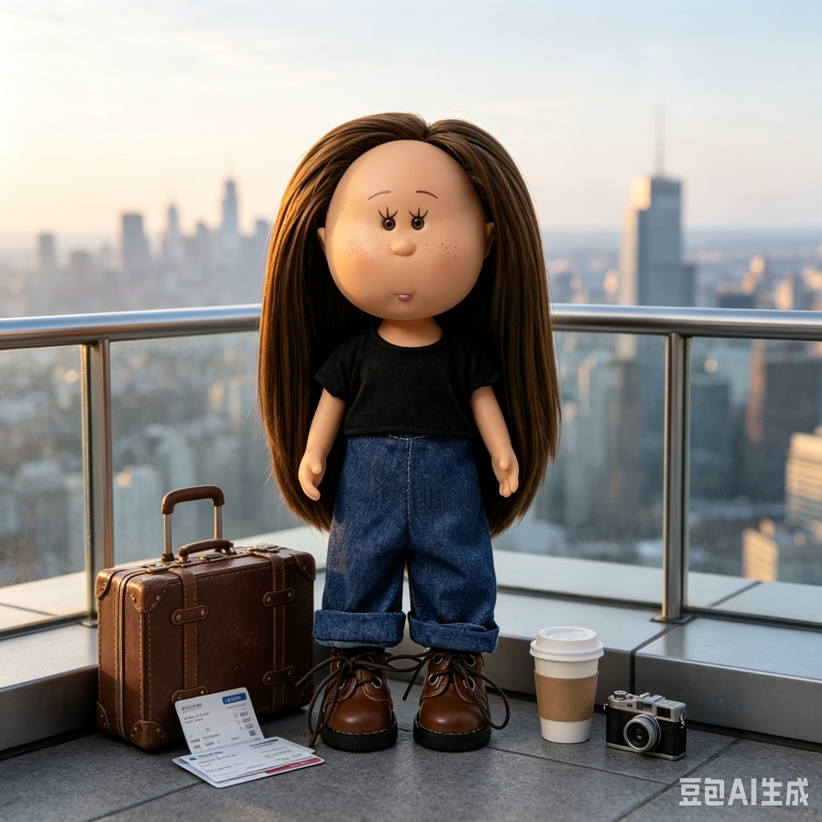 24 CM MIA Potato Vinyl Doll Casual Style Long Straight Brown Hair Black Short Sleeve Top Rolled Jeans Brown Leather Shoes Removable Outfit DIY Dress Up Collectible Toy Birthday Gift For Kids Collectors