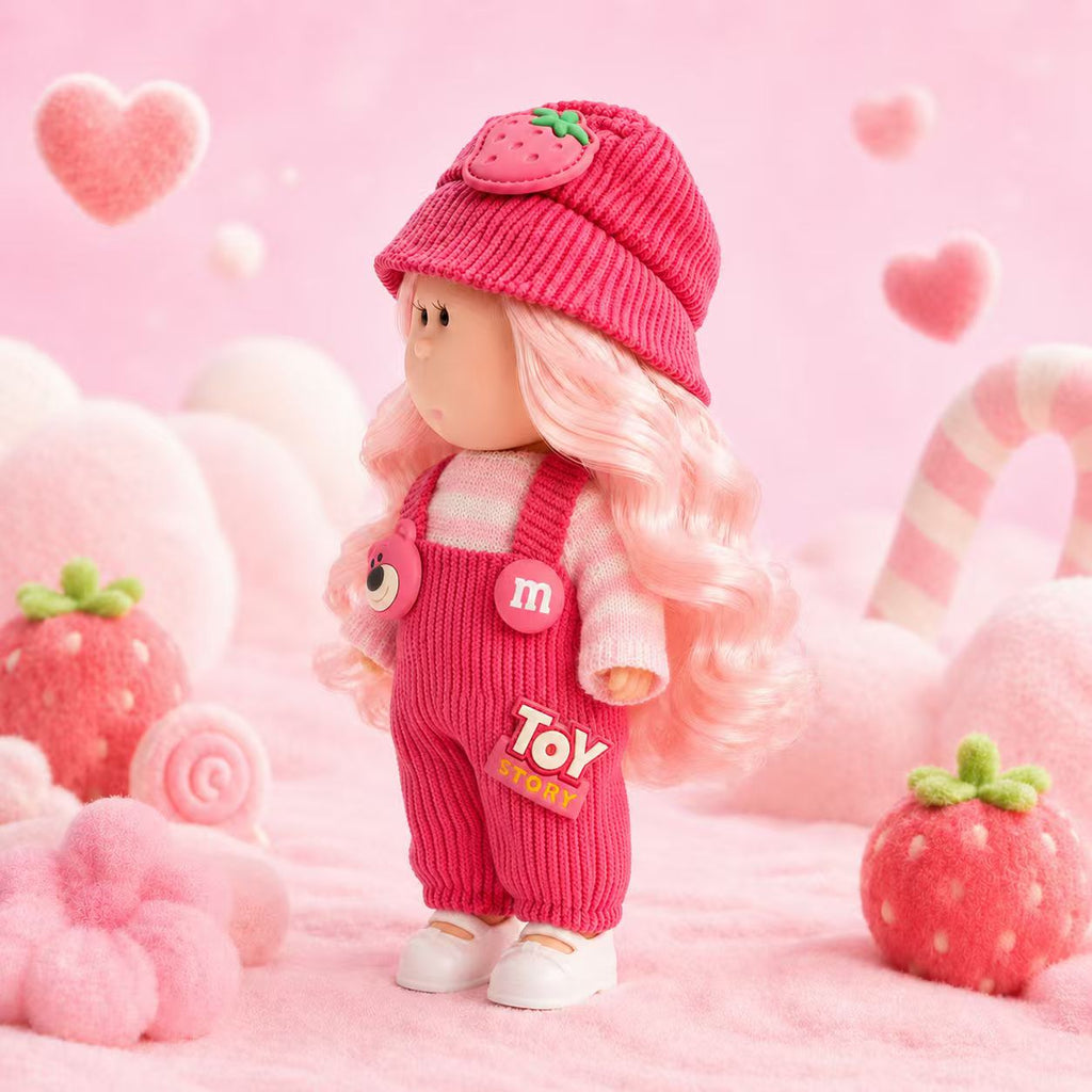 14cm MIA Potato Doll Keychain, Pink Wavy Hair Strawberry Knit Hat Pink Knit Overalls Sweet Girl Style Backpack Charm Holiday Gift
