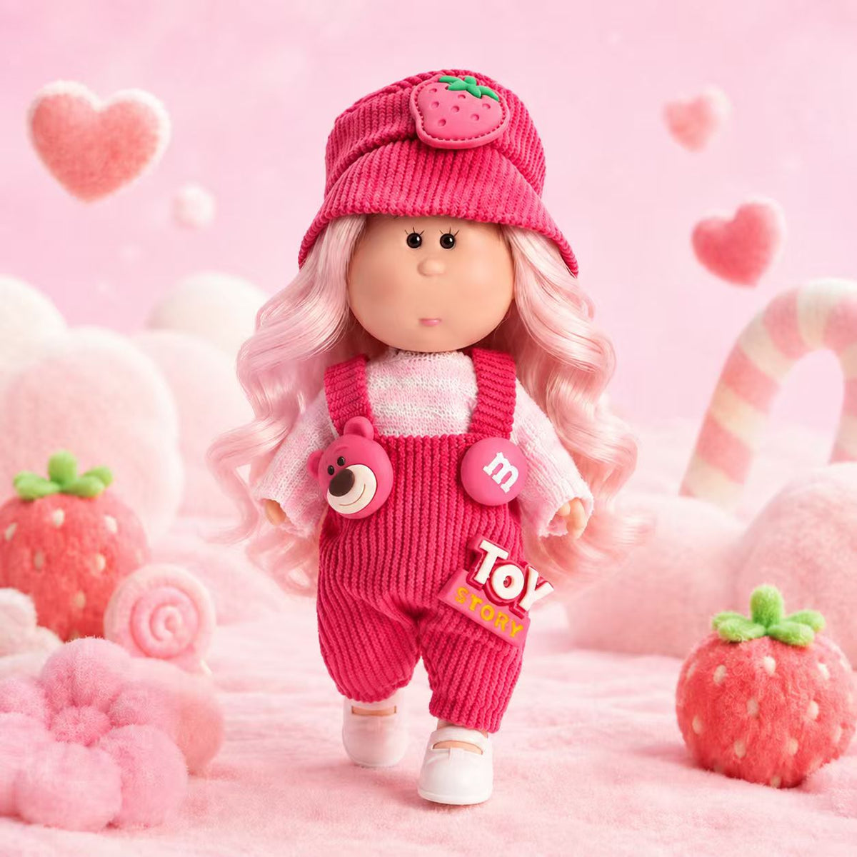 14cm MIA Potato Doll Keychain, Pink Wavy Hair Strawberry Knit Hat Pink Knit Overalls Sweet Girl Style Backpack Charm Holiday Gift
