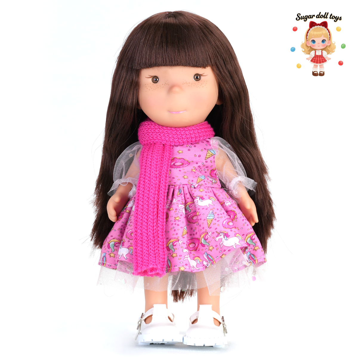 24cm Mia Freckle Long‑Face Doll, Pink Unicorn Print Tulle Dress Knit Scarf Collectible Dress‑Up Doll, Sweet Girly Gift for Girls & Doll Lovers