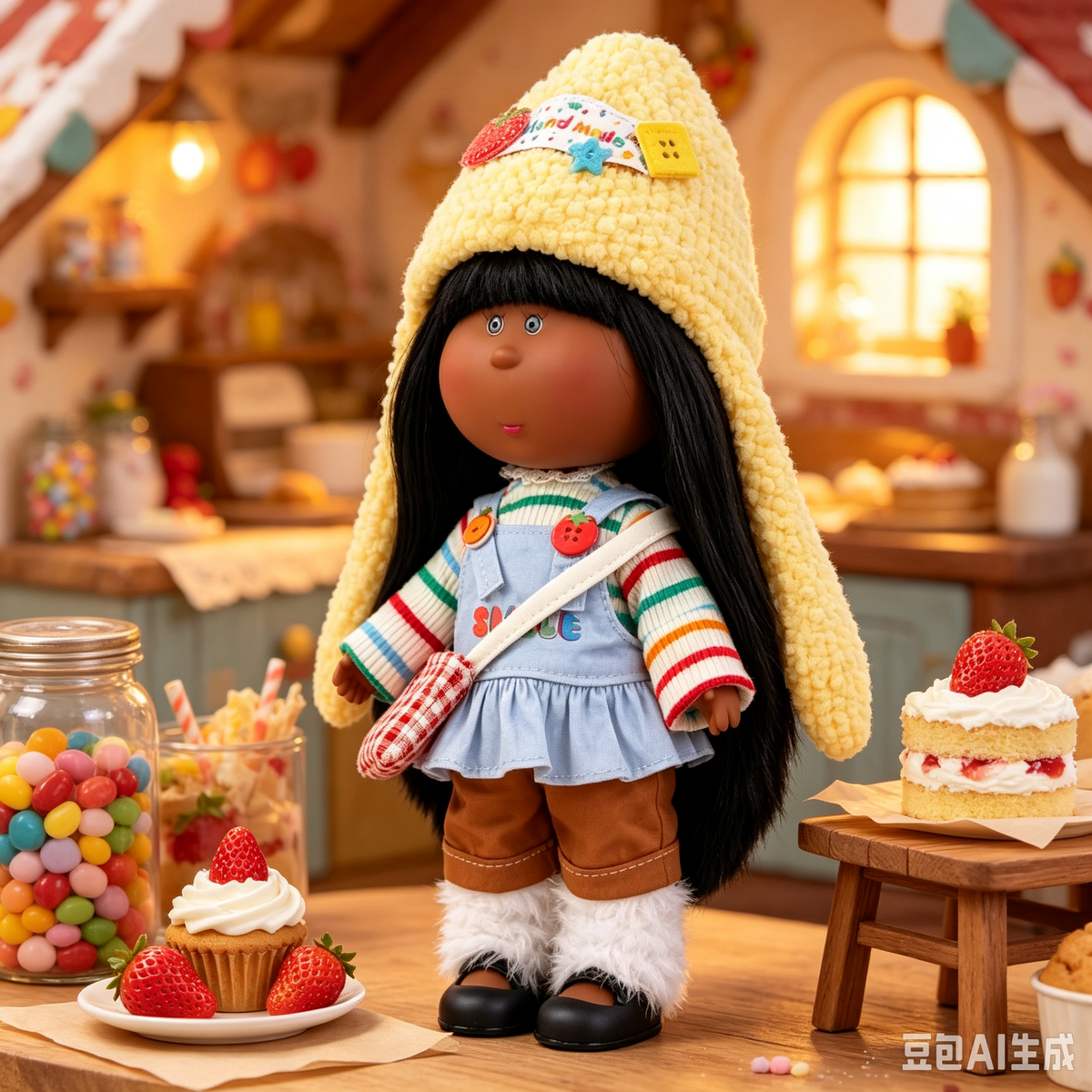 Handmade Cute Farm-Style Mia Doll – Featuring Fruit Pin Accessory, Plaid Crossbody Bag, and DIY Dress-Up Outfit; Ideal for Themed Gifts, Birthdays, and Christmas.