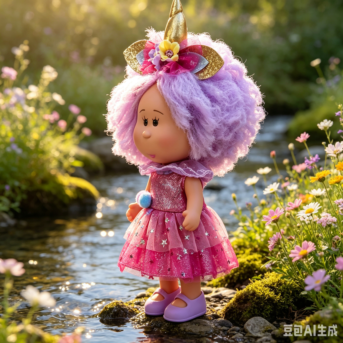 24cm MIA Potato Doll – Fluffy Purple Sparkly Hair with Golden Unicorn Horn Headpiece, Glittery Pink Star‑Print Tulle Dress with Ruffled Collar and Pom‑pom Accents, perfect as a birthday, Christmas, or Halloween gift