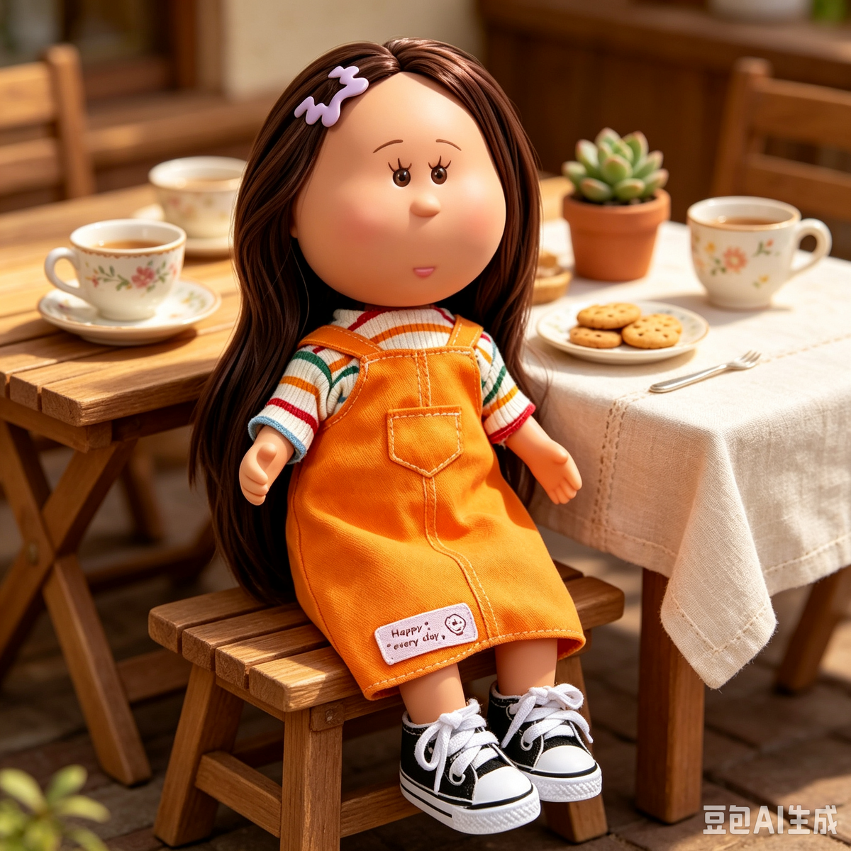 24cm MIA Potato Doll Long Brown Hair Hair Clip Striped Inner Shirt Orange Overall Skirt Canvas Sneakers Removable Sweet Daily Outfit Toy Gift for Kids Collectors