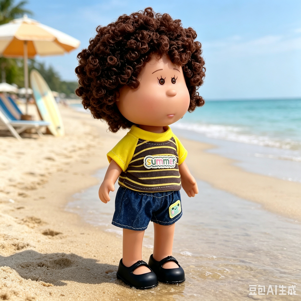 24cm MIA Potato Doll – Curly Brown Hair, Summer Casual Outfit, Denim Shorts, Black Leather Shoes. Boy‑style daily play doll—perfect as a birthday, Christmas, Children’s Day gift for imaginative play.