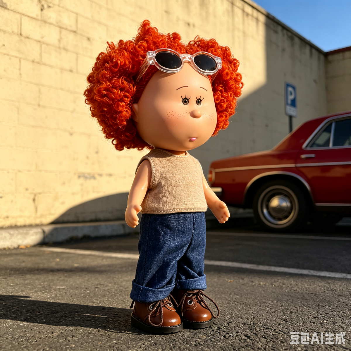 24 CM MIA Potato Vinyl Doll Ginger Red Afro Curly Hair Black Lens Clear Frame Sunglasses Khaki Sleeveless Tank Top Rolled Denim Jeans Brown Lace-up Leather Shoes Detachable Outfit DIY Dress Up Collectible Toy Birthday Gift For Kids Adult Collectors