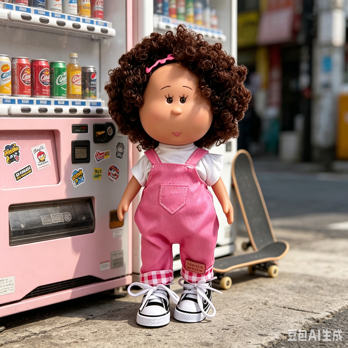 24cm MIA Potato Doll — Fluffy curly brown hair, pink headband, white ruffled-sleeve top, pink denim overalls, canvas shoes — Casual handmade-style outfit, dress-up doll; suitable for collectors and children; ideal for birthdays and Christmas gifts.