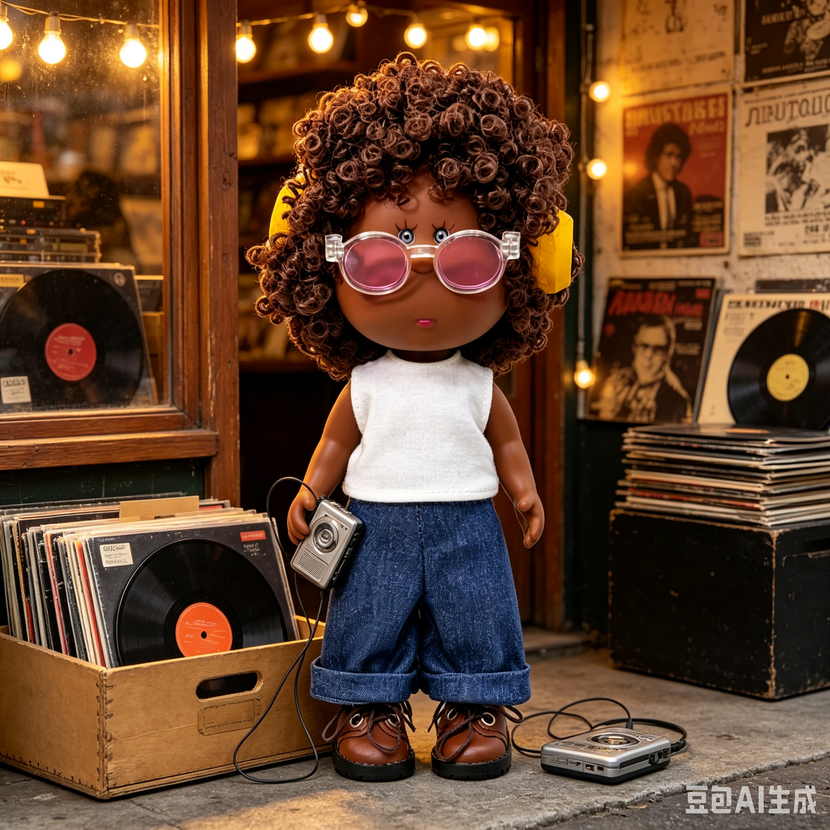 24 CM MIA Potato Vinyl Doll Dark Skin Tone Afro Curly Brown Hair Pink Lens Clear Glasses Yellow Headphones White Sleeveless Top Rolled Denim Jeans Brown Leather Shoes Removable Outfit DIY Dress Up Collectible Toy Birthday Gift For Kids & Adult Collectors
