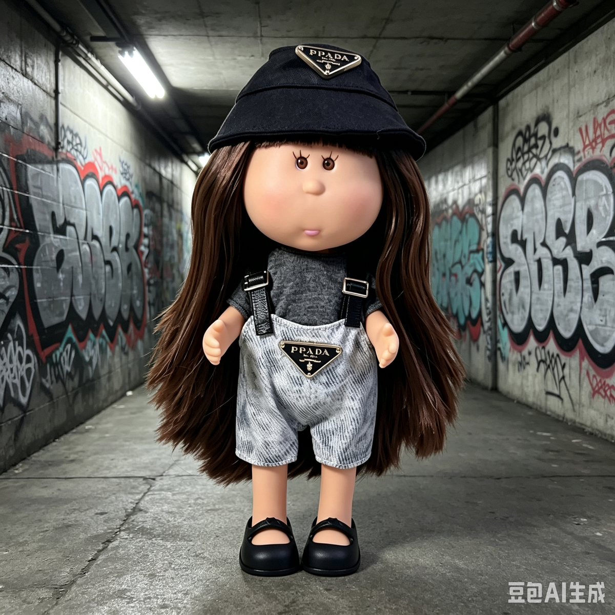 24cm MIA Potato Doll – Long Brown Hair, Fashion Bucket Hat, Overall Shorts, Black Flat Shoes. High‑street fashion doll—perfect as a birthday, Christmas, Children’s Day gift for imaginative play.