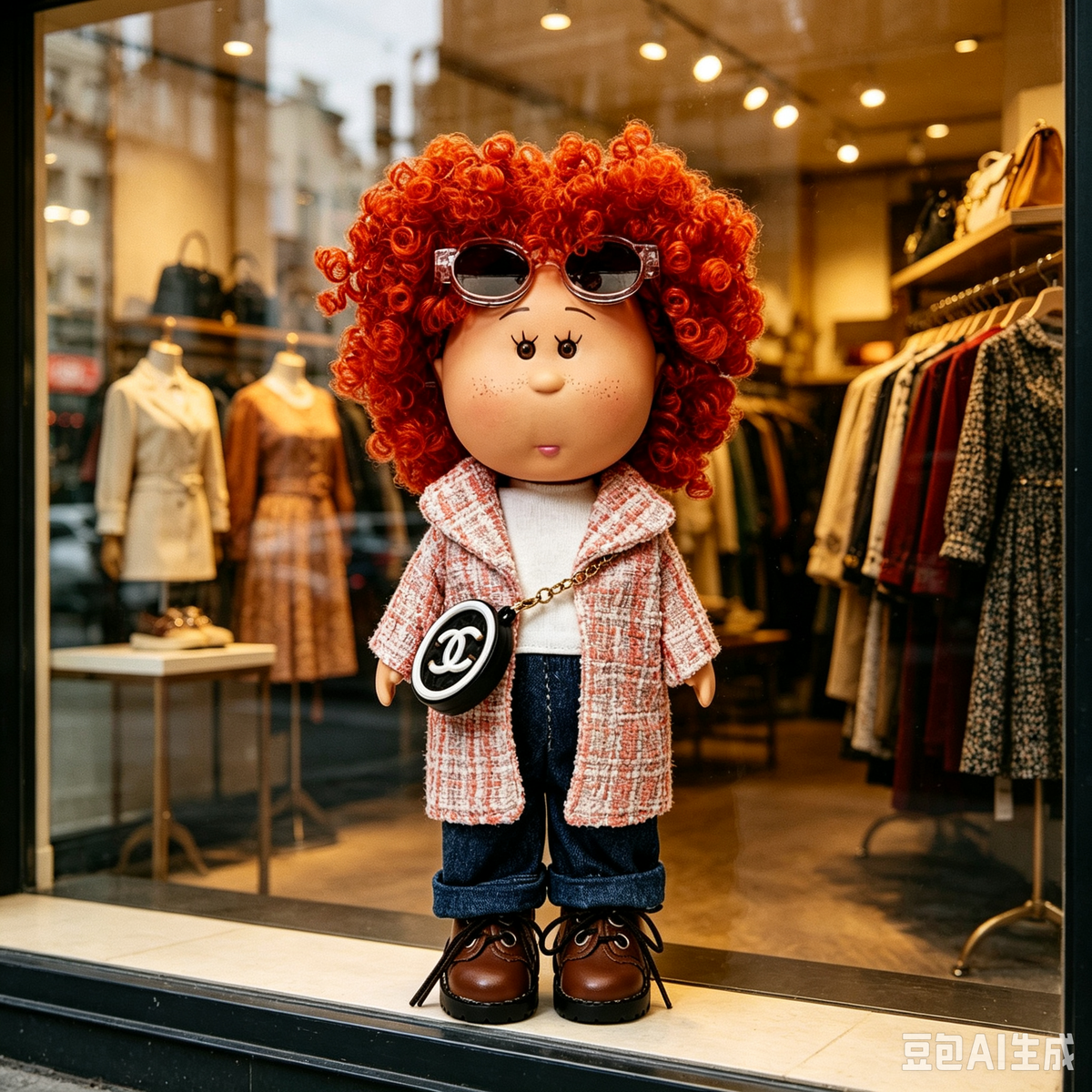 24cm MIA Potato Doll Red Afro Curly Hair Tweed Coat Outfit Sunglasses Mini Crossbody Bag Vinyl Collectible Toy