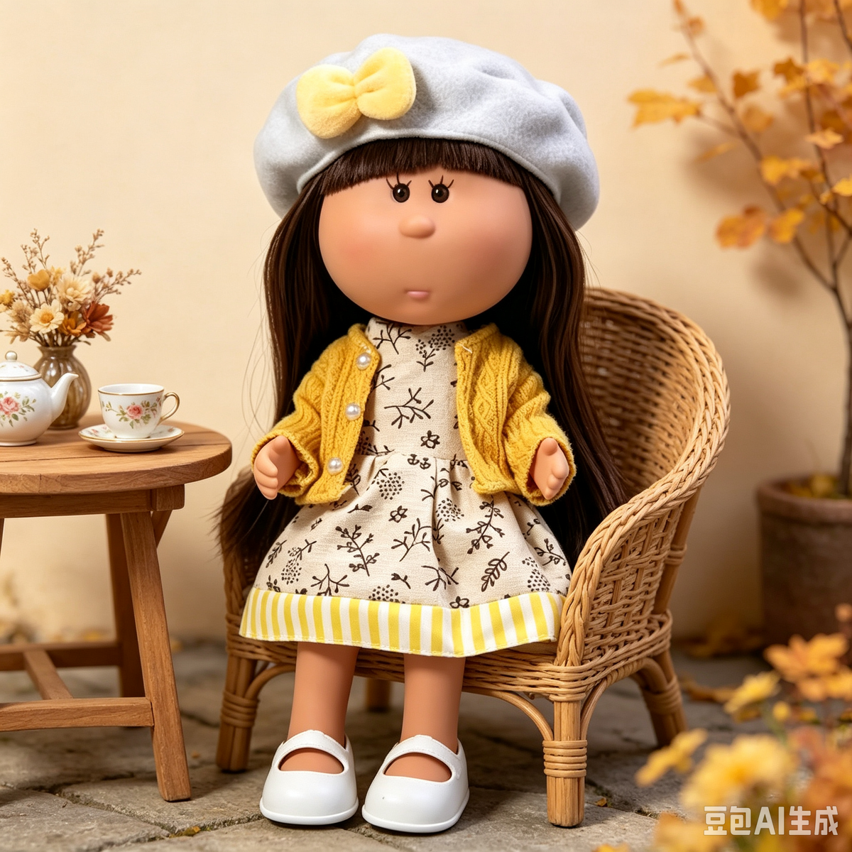 24cm MIA Potato Doll – Long Brown Hair with Straight Bangs, Gray Beret with Yellow Plush Bow, White Mary Jane Shoes. An elegant autumn-style doll—perfect as a birthday, Christmas, or Thanksgiving gift for imaginative play.