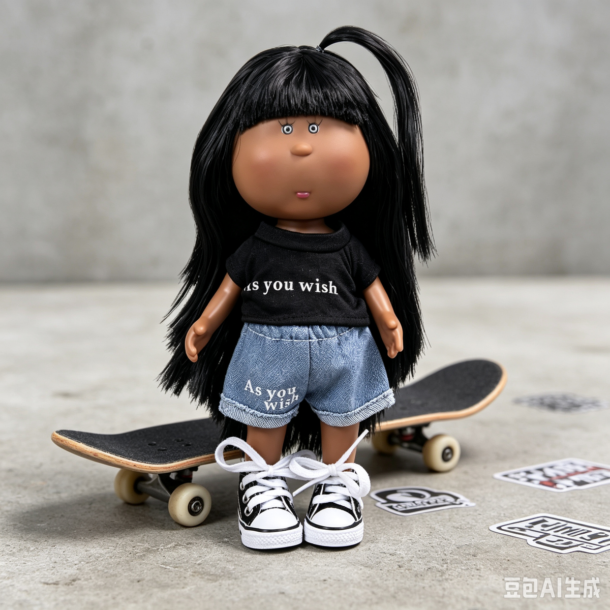 24cm MIA Potato Doll Black Ponytail Straight Hair Printed Tee Denim Shorts Canvas Sneakers Removable Streetwear Toy Gift for Collectors & Kids
