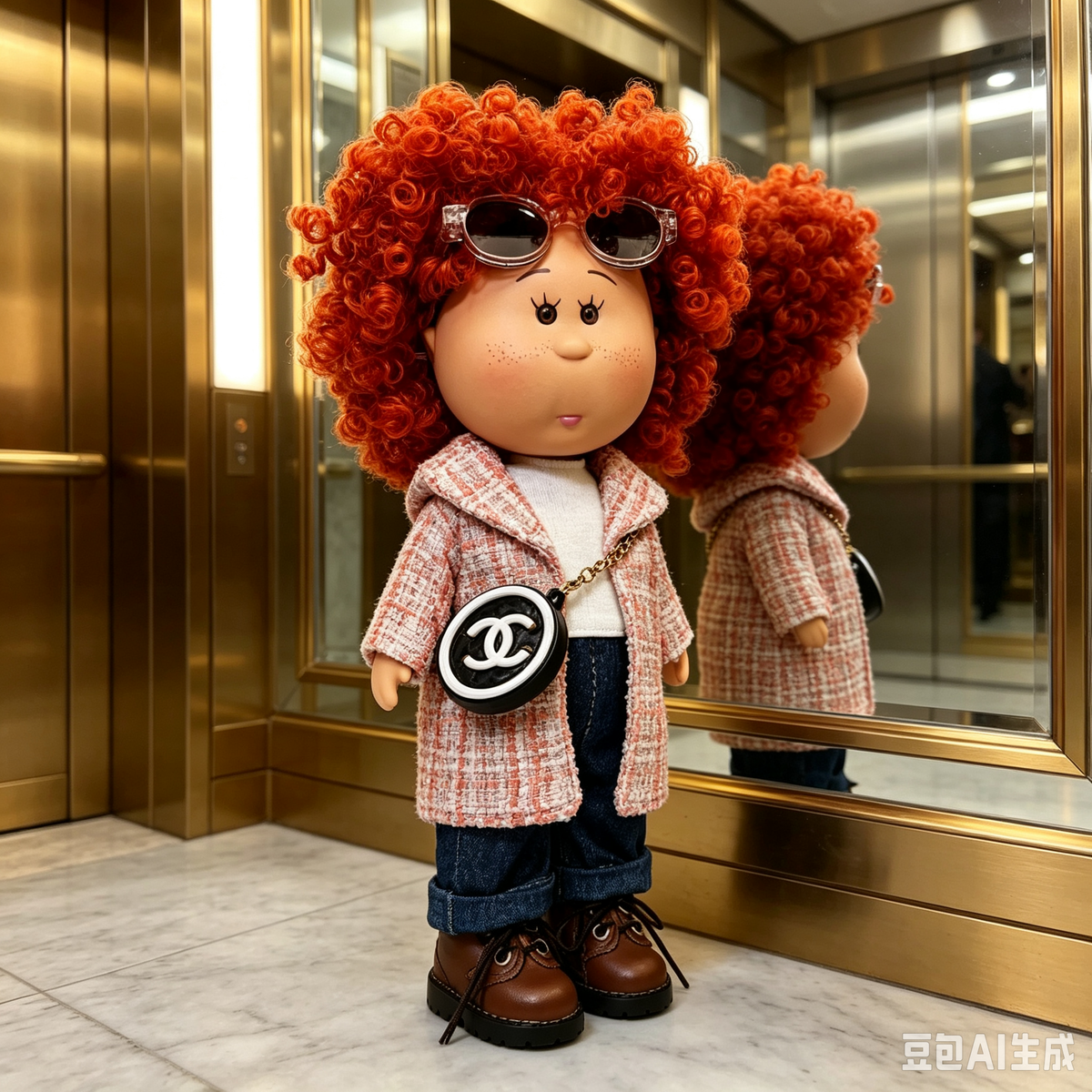 24cm MIA Potato Doll Red Afro Curly Hair Tweed Coat Outfit Sunglasses Mini Crossbody Bag Vinyl Collectible Toy