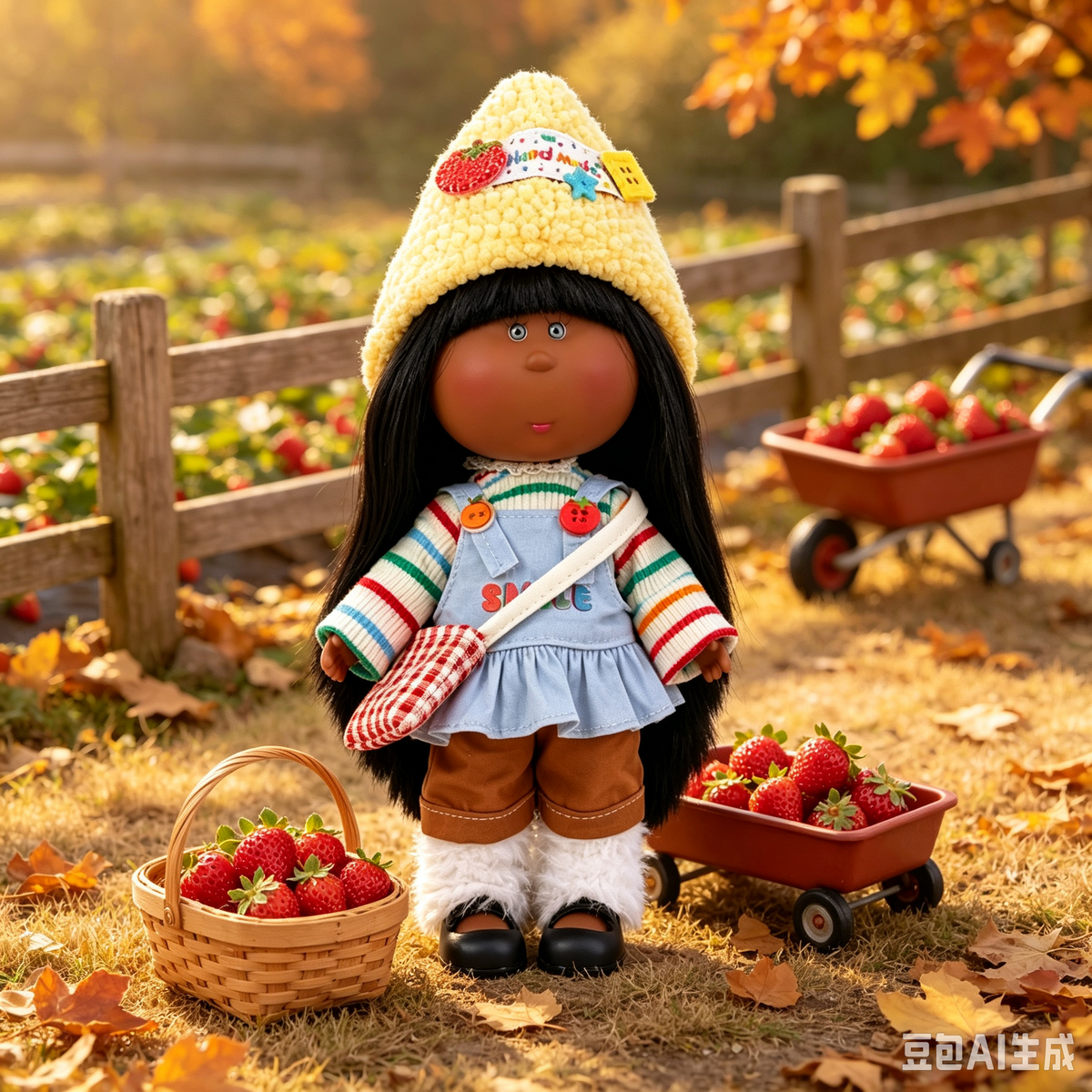 Handmade Cute Farm-Style Mia Doll – Featuring Fruit Pin Accessory, Plaid Crossbody Bag, and DIY Dress-Up Outfit; Ideal for Themed Gifts, Birthdays, and Christmas.