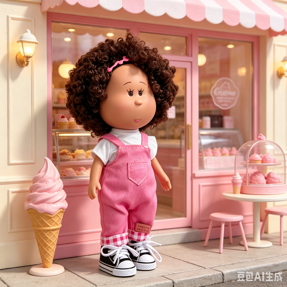 24cm MIA Potato Doll — Fluffy curly brown hair, pink headband, white ruffled-sleeve top, pink denim overalls, canvas shoes — Casual handmade-style outfit, dress-up doll; suitable for collectors and children; ideal for birthdays and Christmas gifts.