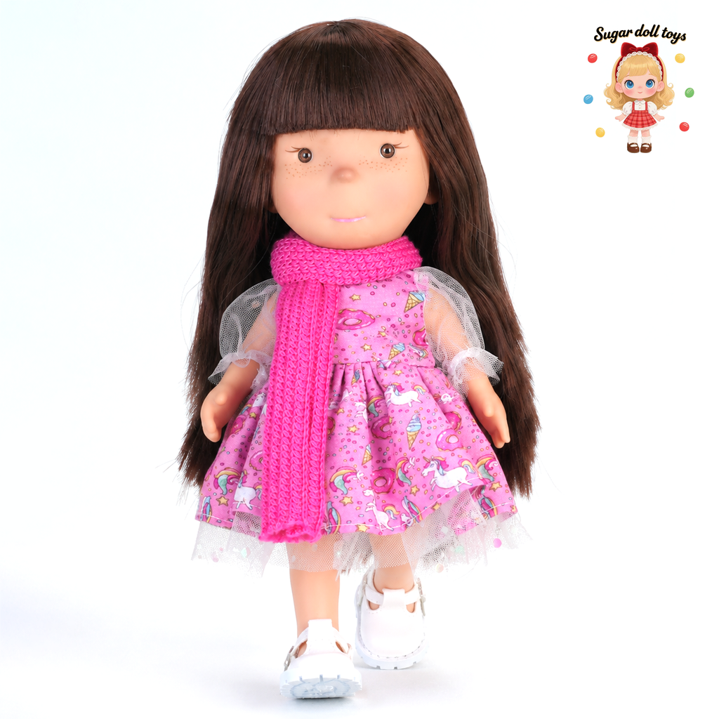 24cm Mia Freckle Long‑Face Doll, Pink Unicorn Print Tulle Dress Knit Scarf Collectible Dress‑Up Doll, Sweet Girly Gift for Girls & Doll Lovers