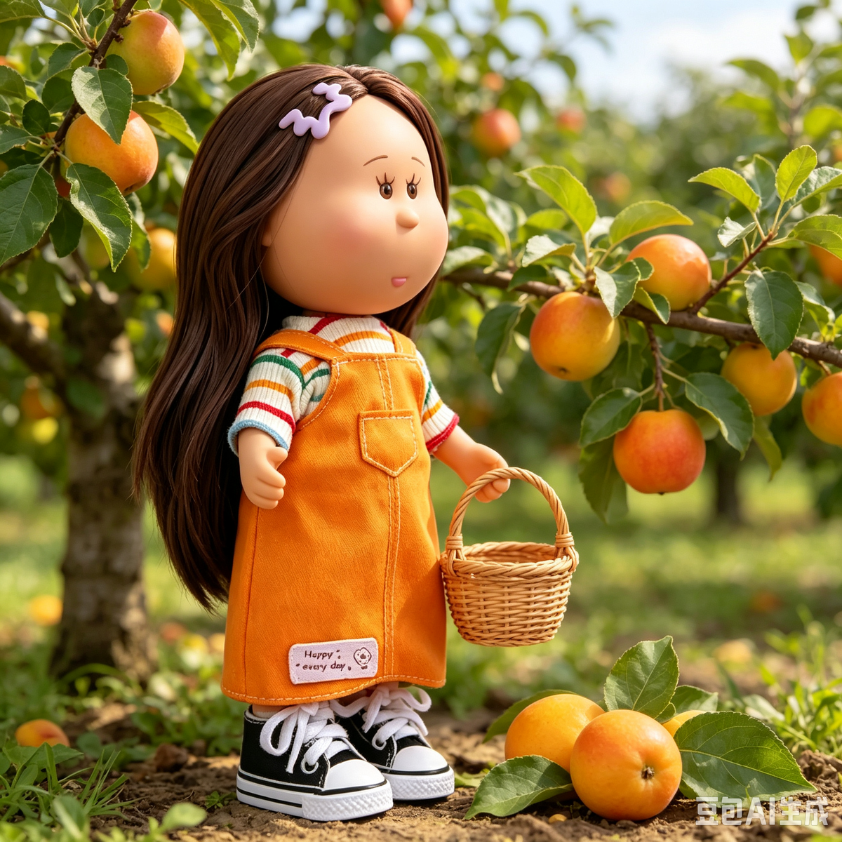 24cm MIA Potato Doll Long Brown Hair Hair Clip Striped Inner Shirt Orange Overall Skirt Canvas Sneakers Removable Sweet Daily Outfit Toy Gift for Kids Collectors