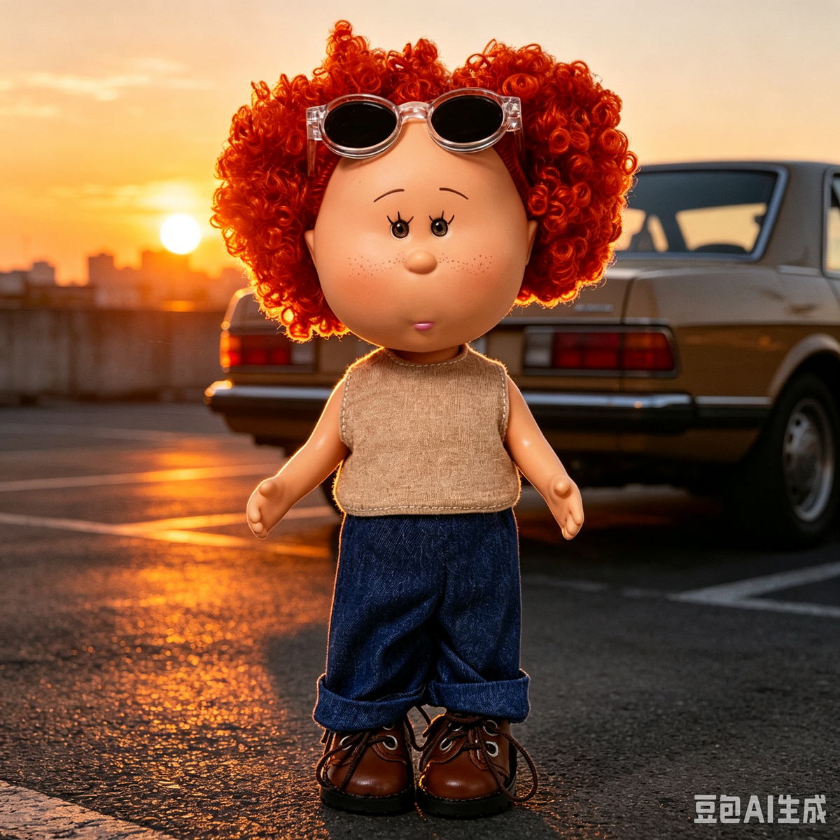 24 CM MIA Potato Vinyl Doll Ginger Red Afro Curly Hair Black Lens Clear Frame Sunglasses Khaki Sleeveless Tank Top Rolled Denim Jeans Brown Lace-up Leather Shoes Detachable Outfit DIY Dress Up Collectible Toy Birthday Gift For Kids Adult Collectors
