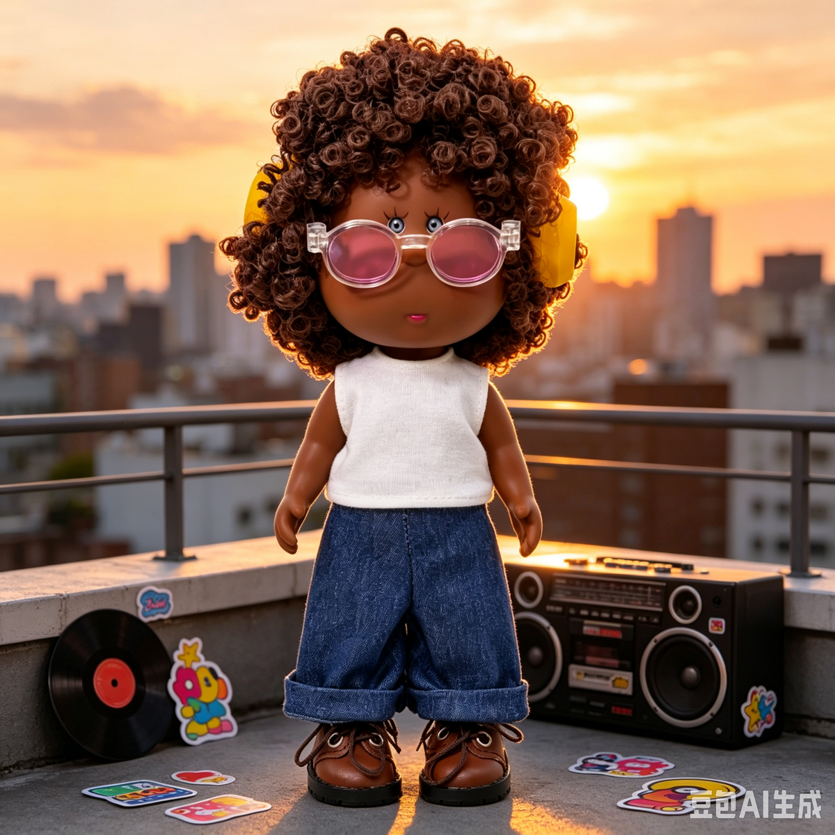 24 CM MIA Potato Vinyl Doll Dark Skin Tone Afro Curly Brown Hair Pink Lens Clear Glasses Yellow Headphones White Sleeveless Top Rolled Denim Jeans Brown Leather Shoes Removable Outfit DIY Dress Up Collectible Toy Birthday Gift For Kids & Adult Collectors