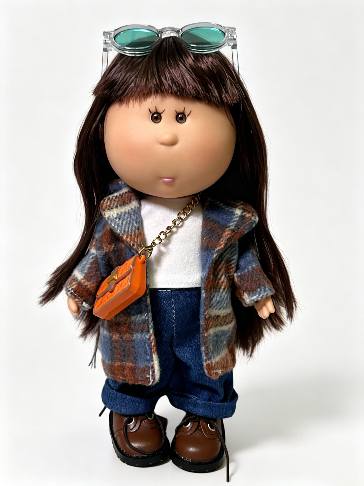 24cm MIA Potato Doll Straight Bangs Long Brown Hair Plaid Woolen Coat Denim Pants Glasses Crossbody Bag Removable Retro Outfit Toy Gift for Collectors