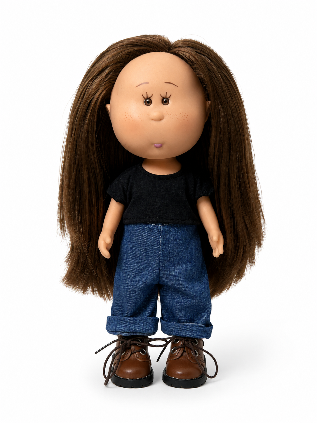 24 CM MIA Potato Vinyl Doll Casual Style Long Straight Brown Hair Black Short Sleeve Top Rolled Jeans Brown Leather Shoes Removable Outfit DIY Dress Up Collectible Toy Birthday Gift For Kids Collectors