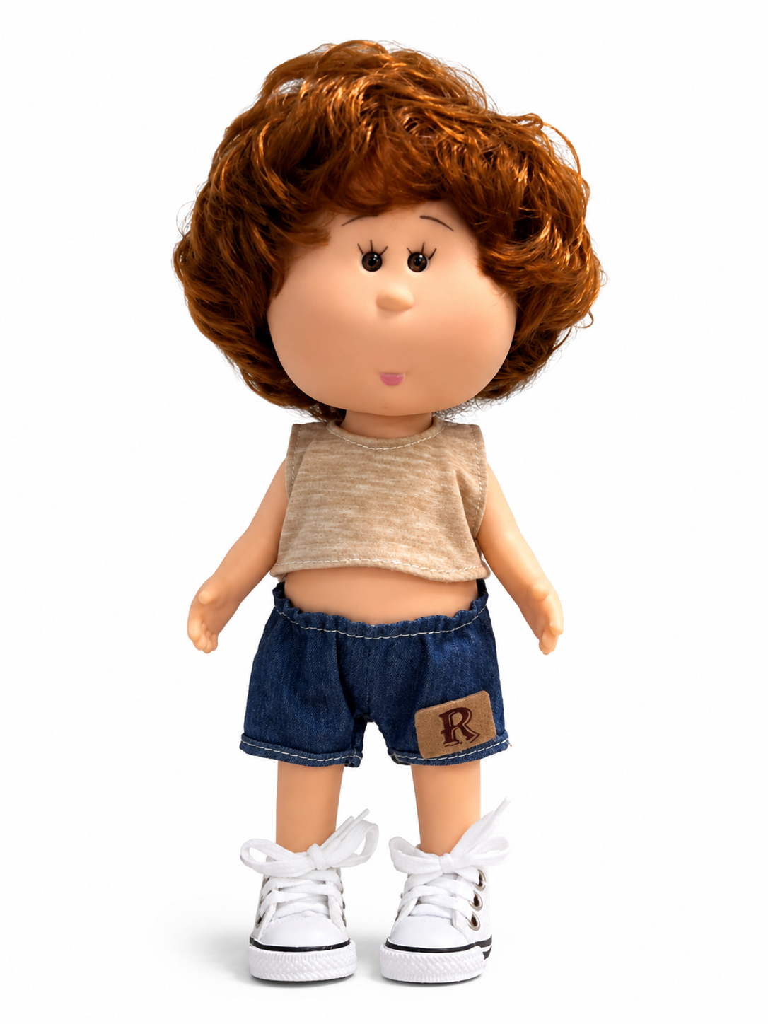 24cm MIA Potato Doll – Reddish-Brown Curly Hair, Sleeveless Tank Top, Denim Shorts, White Canvas Sneakers (Vinyl Collectible Toy) – Birthday Gift / Christmas Toy