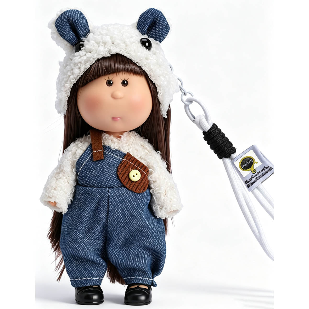 14cm MIA Potato Doll Keychain, Fluffy Animal Ear Hat Denim Overalls Casual Winter Style Backpack Charm Holiday Gift