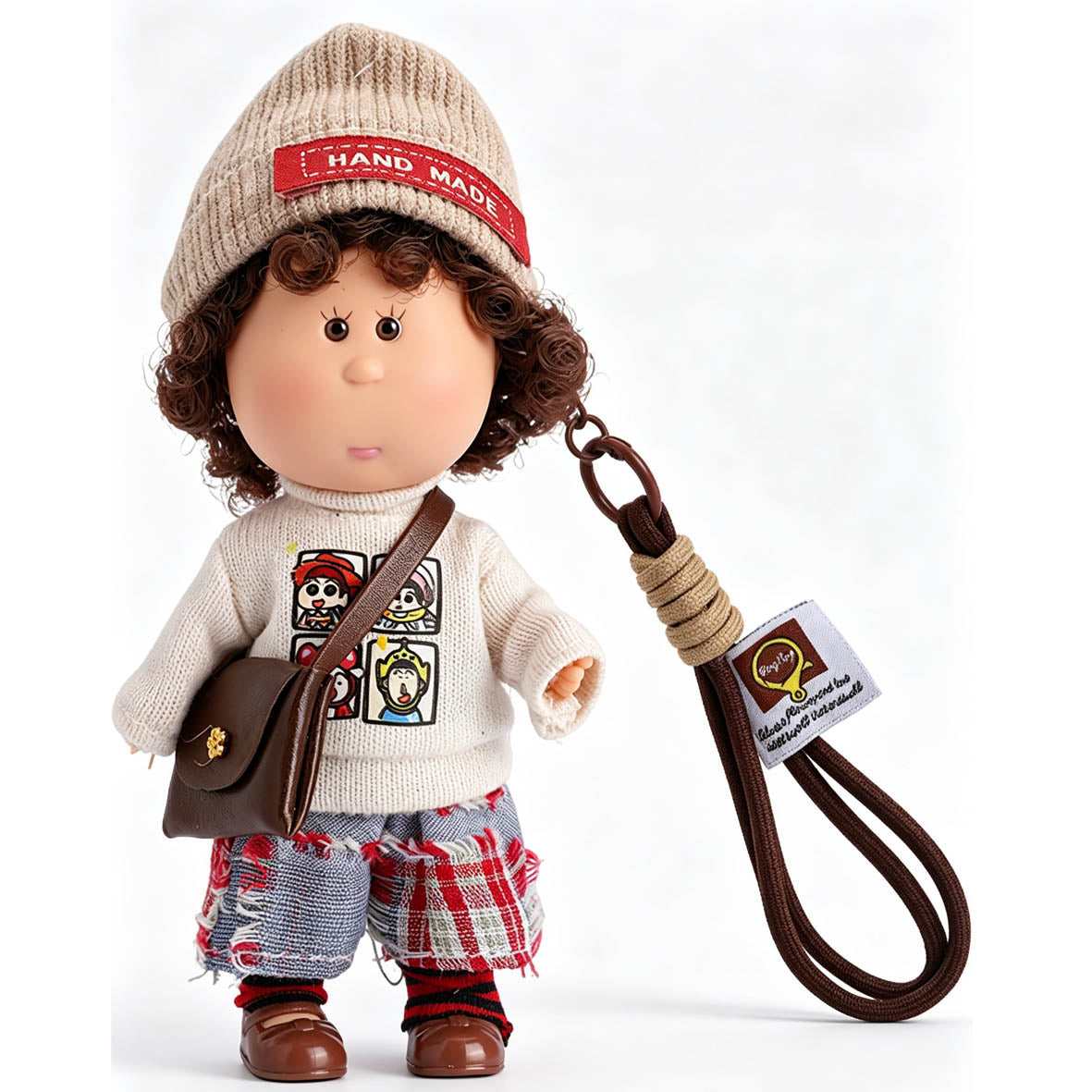 14cm MIA Potato Doll Keychain, Knit Beanie Cartoon Print Sweater Patchwork Pants Crossbody Bag Streetwear Winter Backpack Charm Gift
