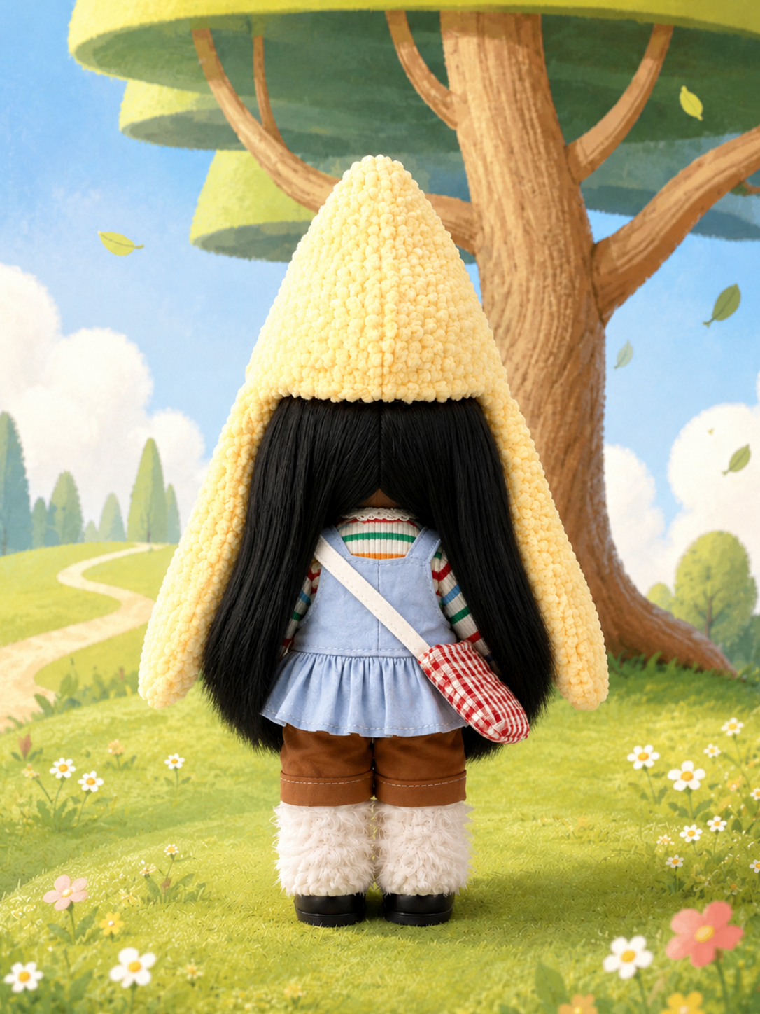 Handmade Cute Farm-Style Mia Doll – Featuring Fruit Pin Accessory, Plaid Crossbody Bag, and DIY Dress-Up Outfit; Ideal for Themed Gifts, Birthdays, and Christmas.